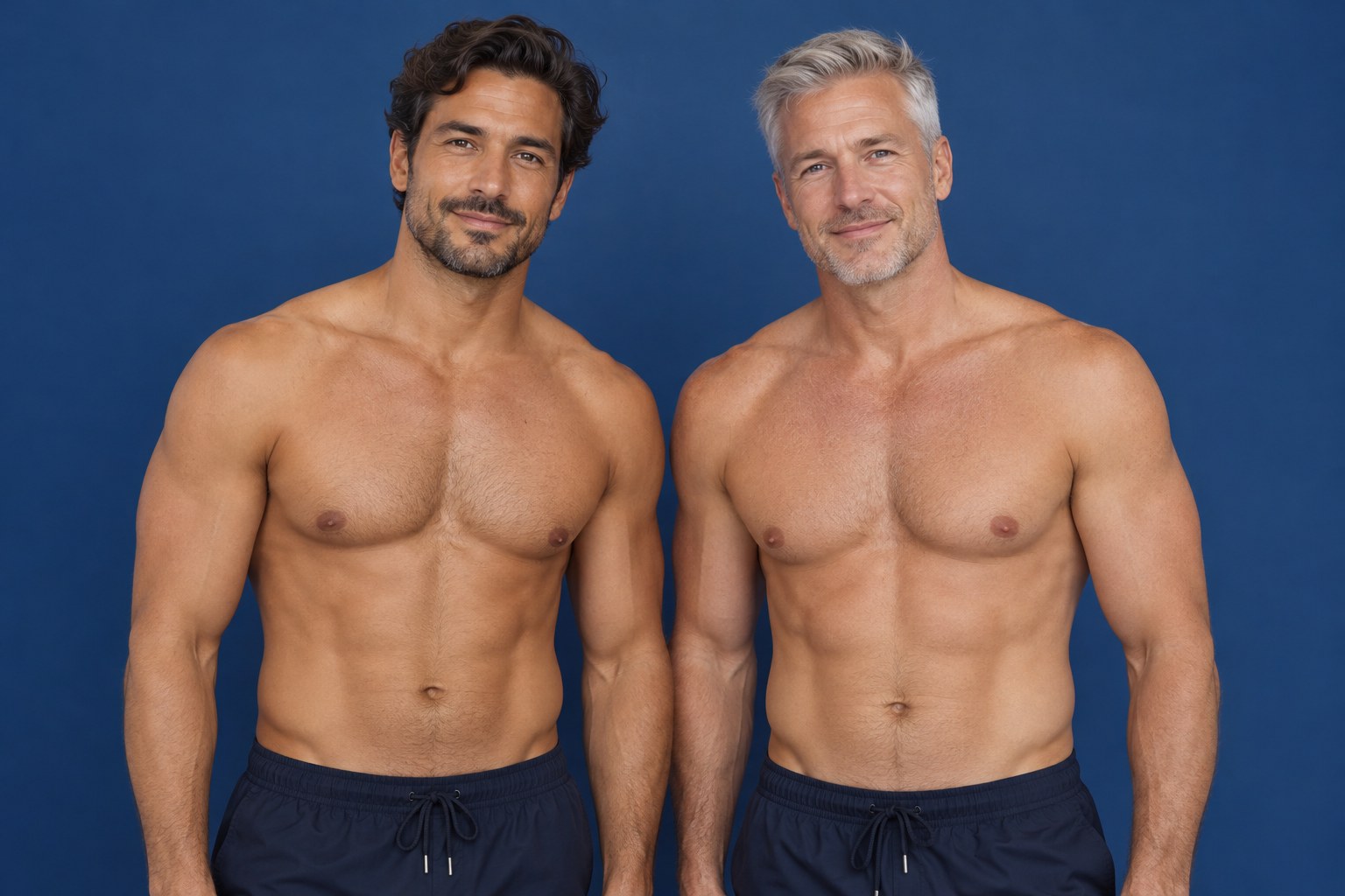 Illustrative studio portrait of two adult men against a plain deep blue background