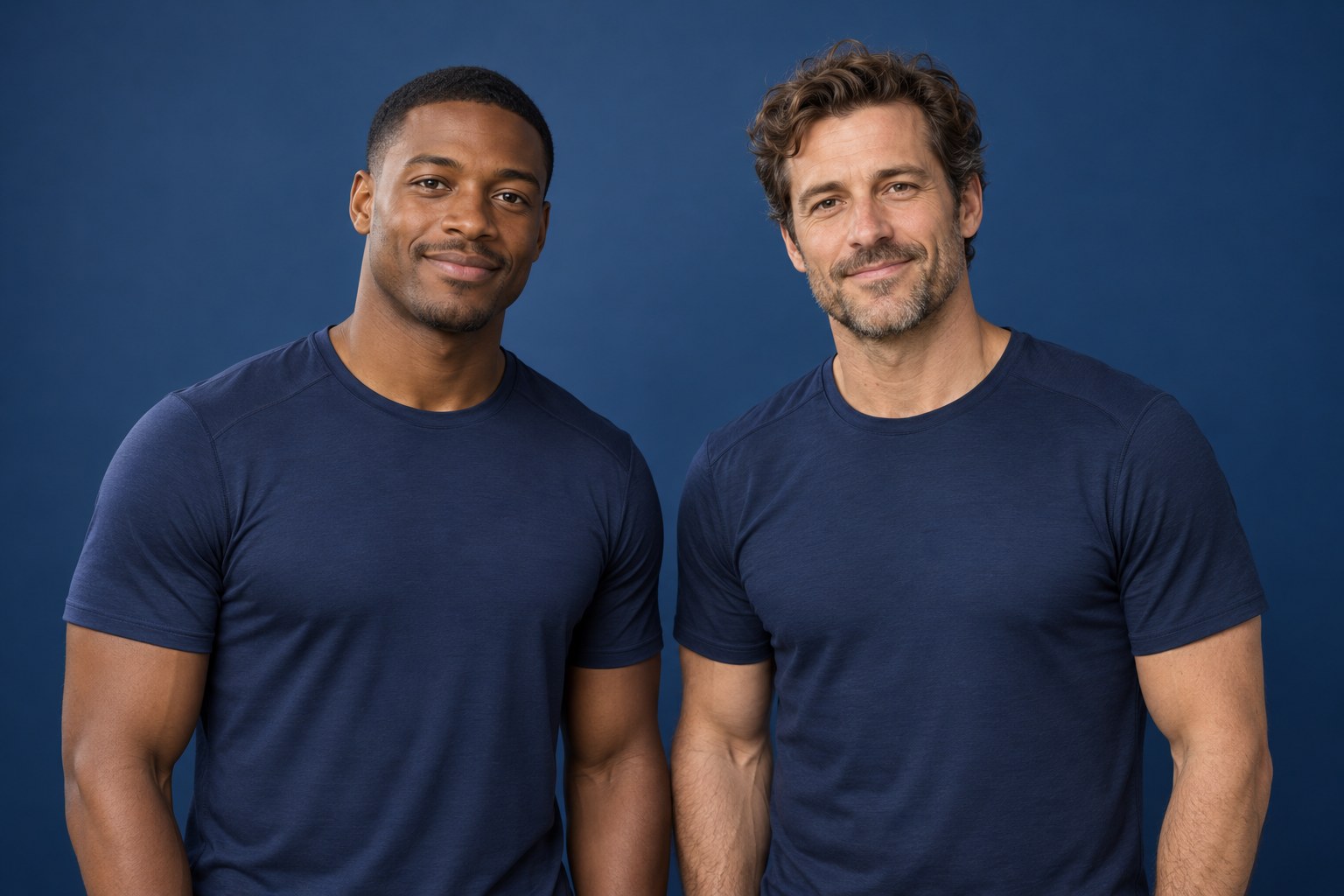 Illustrative studio portrait of two adult men against a plain deep blue background