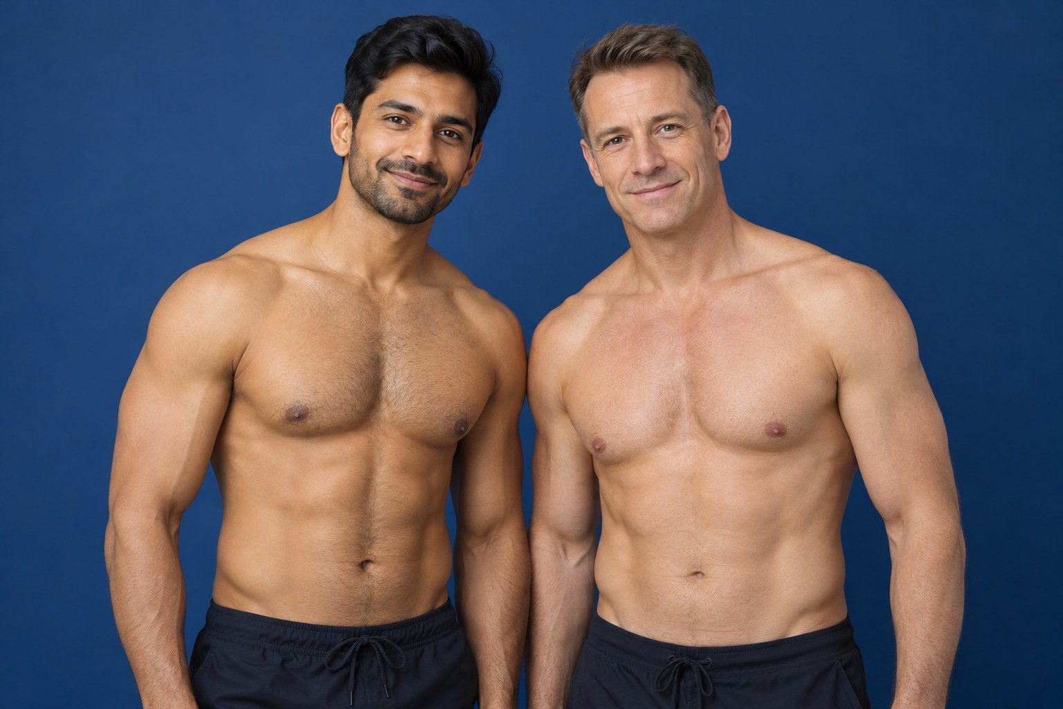 Illustrative studio portrait of two adult men against a plain deep blue background